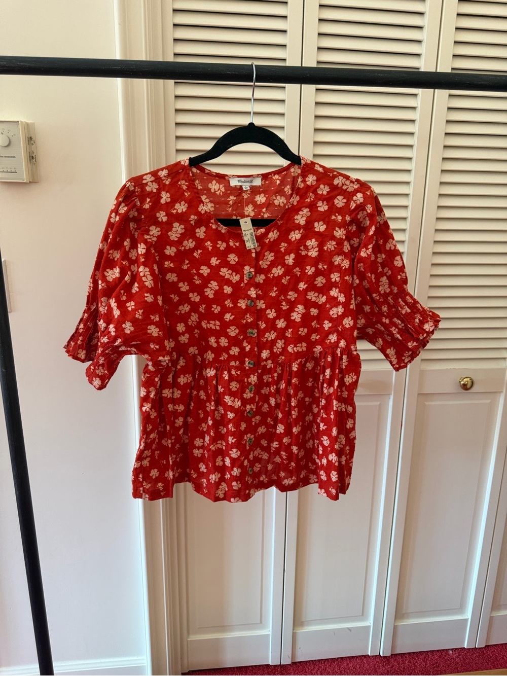 Madewell Red Floral Button-Front Peplum Top